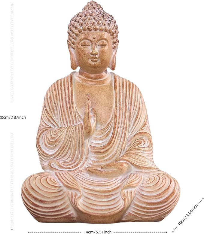 Zen Buddha Statue - Hand Carved Wood Grain Resin Meditation Decor, Feng Shui Ornament for Living Room Desk, Spiritual Space Zen Garden Decoration (Housewarming Gift/Mindfulness Aid, 7.87inch)