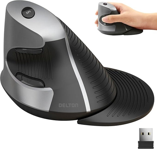 Delton S22 Vertical Wireless Mouse, Ergonomic Design, 2.4G USB Dongle, 6 Buttons, 3 Adjustable DPI Levels (800/1600/2400), Removable Palm Rest, Silent Click & Durable for PC, Laptop, MacBook - Black