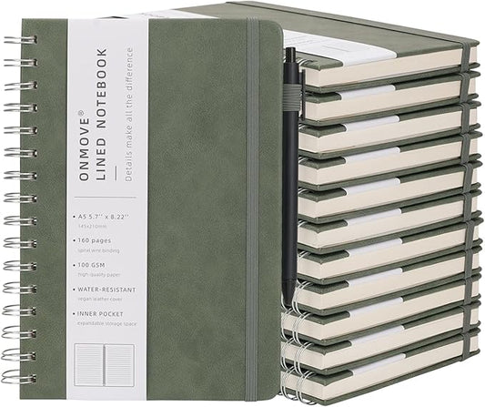 Spiral Notebooks Journal for Women Men 12 Pack Bulk Leather Hardcover with Pen Holder A5 160 Pages 100 GSM Thick Paper for Work School Lined Green