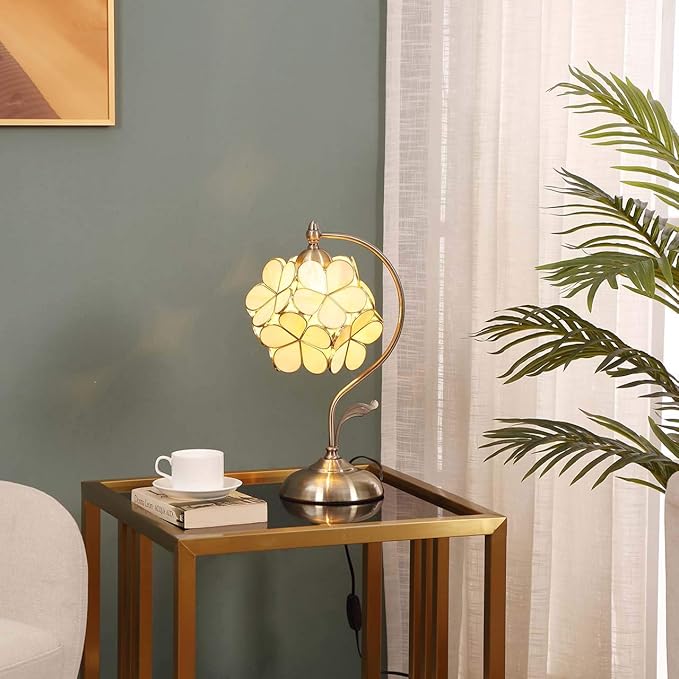 Bieye L10754 Tiffany Style Stained Glass Flower Petal Table Lamp with Brass Base for Home Décor (Cream, 8" Cherry Blossom)