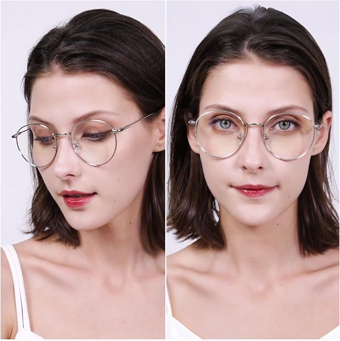 ANDWOOD Blue Light Blocking Glasses Women Men Small Face Computer Clear Bluelight Blocker Super Lightweight Metal Frame Round