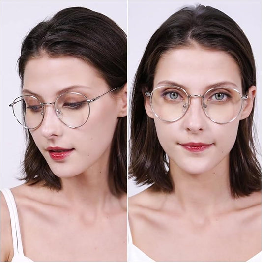 ANDWOOD Blue Light Blocking Glasses Women Men Small Face Computer Clear Bluelight Blocker Super Lightweight Metal Frame Round
