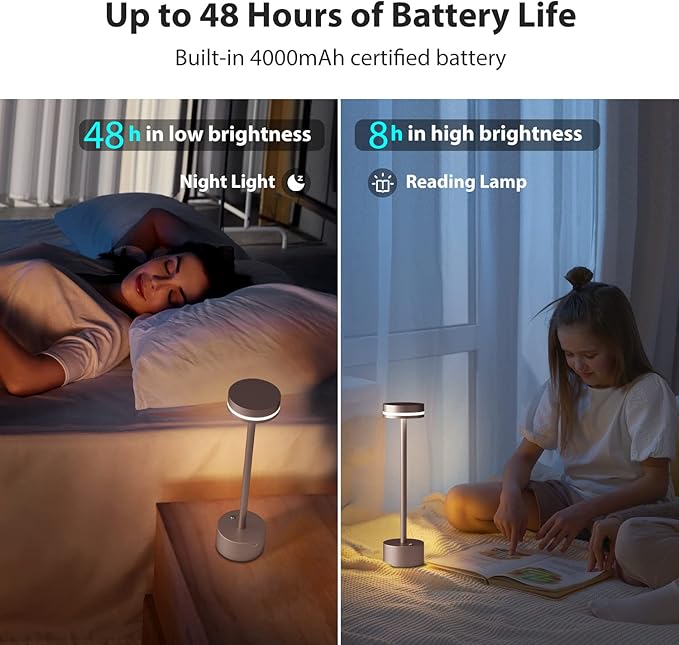 Modern LED Rechargeable Cordless Table Lamp with Touch Sensor, Aluminum Shell, 4000mAh Certified Battery, 3 Levels Brightness, USB-C Charging Port, 3000K Portable Metal Bedside Lamp (Brown)
