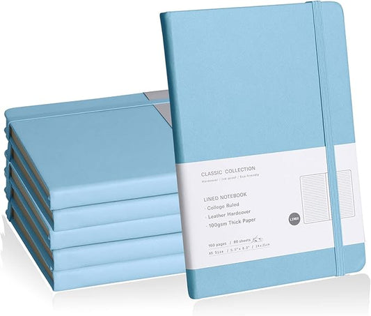 Lined Journal Notebook, 6Pack(sky blue), 160 Pages, Medium 5.7 inches x 8 inches - 100 gsm Thick Paper, Hardcover