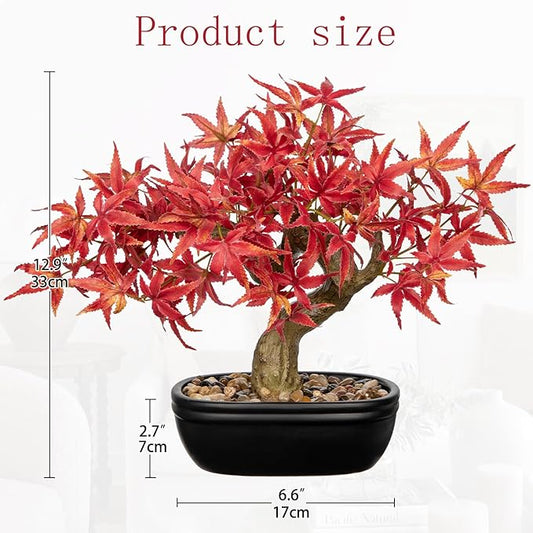 Artificial Maple Bonsai Tree, Mini Japanese Bonsai Plant in Ceramic Pot, Faux Potted Maple Desk Ornament, Indoor Tabletop Home Office Decor, Zen Garden Decoration