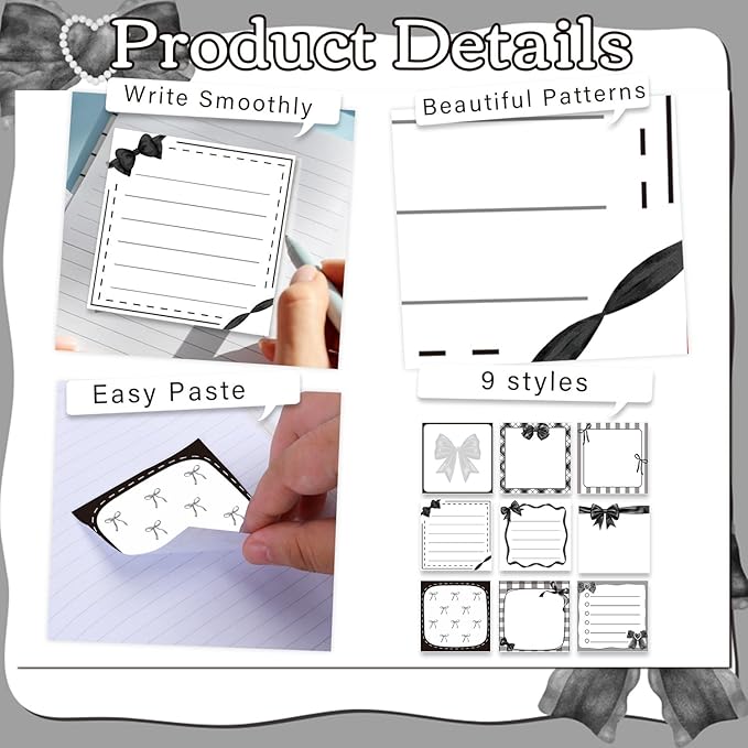 Black Bow Sticky Notes Gifts - 9 Pack Black Bow Sticky Notepads 3x3 Inch, Cute Bowknot Self-Adhesive Memo Pad Gifts for Girls Women, Gothic Office School Supplies (450 Sheets)