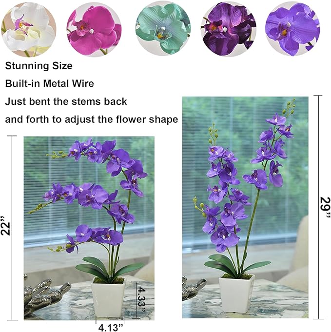 Faux Orchid in Vase Large Artificial Orchid in Ceramic Vase Silk Orchids with Stems Real Look Potted Phalaenopsis Flowers Arrangement Centerpiece Table Decorations for Home Decor Indoor, Purple