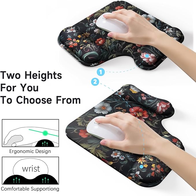 Ergonomic Mouse Pad with Gel Wrist Rest (1"& 1.2" Dual Height) - Mouse Pads Compact Mousepad Desk Mat Office, Gaming & Carpal Tunnel Relief | Non-Slip Rubber Base Dark Floral