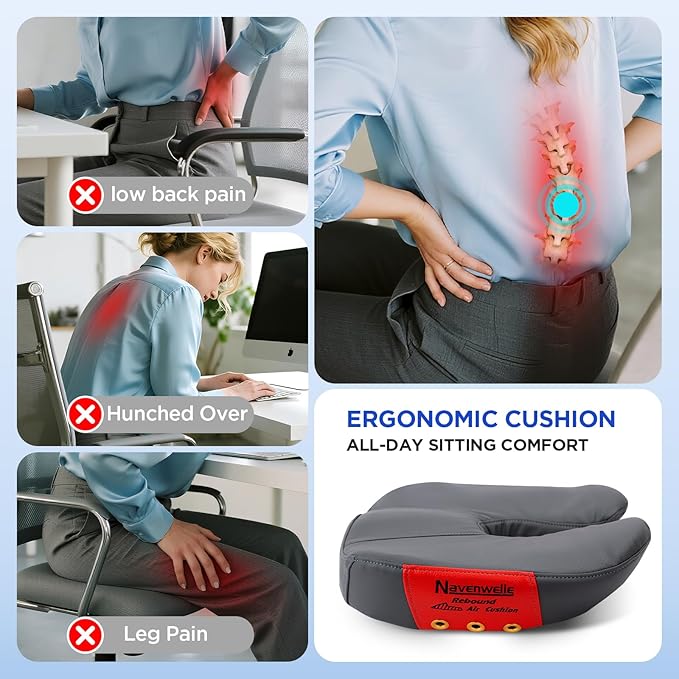 Seat Cushion for Office Chair – Memory Foam Car Seat Cushion for Sciatica, Tailbone, Back & Hemorrhoid Pain Relief U-Shaped ErgonomicHigh-Density Breathable Foam with Non-Slip Base (Gray)