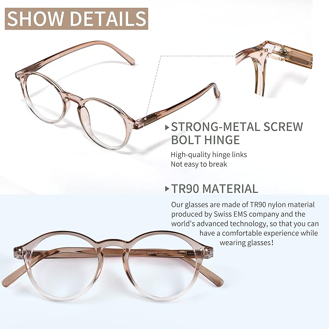 Blue Light Blocking Glasses Round Retro Computer Gaming Glasses Women Men UV Protection AB3303 (Grey/Brown)