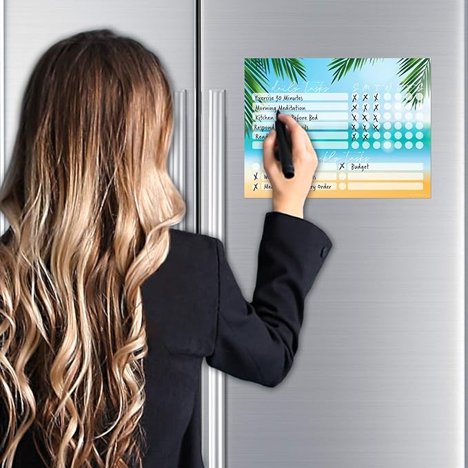 Dry Erase Whiteboard Task Planner | Removable and Restickable Adhesive Decal | Fine-Tip Magnetic Marker Included (9 x 12 inches, Beach)