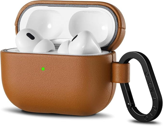 ORNARTO Compatible with AirPods Pro 2 Case, Full Protective Leather Cover with Carabiner, for Airpods Pro Case 2nd / 1st Generation (2022/2019), Front LED Visible,Caramel Brown