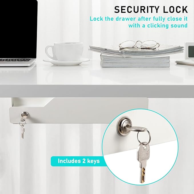 Lockable Drawer for Under Desk White,16" W x 11.8" D x 6.3" H Under Desk Locking Locking Drawer