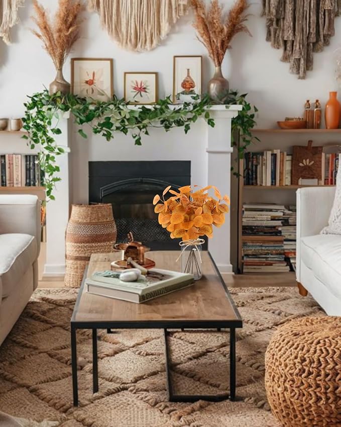 Fall Faux Eucalyptus Stems in Glass Vase 14.2" 6pcs Artificial Autumn Eucalyptus Branches with Vase Fall Home Table Decor Fake Fall Plants Stems for Farmhouse Kitchen Bathroom Decorations