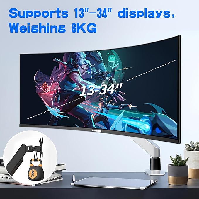 Ultrawide Monitor Arm for 13 to 32 inch Flat/Curved Computer Screen, Gas Spring Single Monitor Mount Holds up to 17.63 lbs, Clamp & Grommet Base, VESA 75x75/100x100mm, White