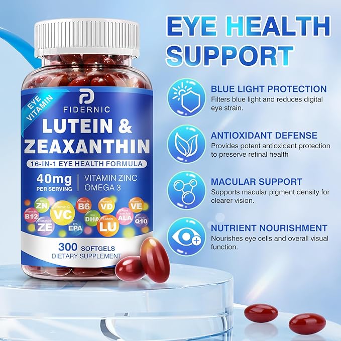 Lutein and Zeaxanthin Supplement - Eye Vitamins, 40 mg Lutein & 8 mg Zeaxanthin with Vitamins C, E, Zinc, Omega-3 & CoQ10 for Blue Light Protection, Eye Health Support, Eyebright  - 300 Softgels