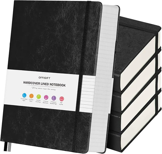 5 Pack College Ruled Notebook, 312 Numbered Pages Thick Notebooks Bulk, 100gsm No Bleed Paper Hardcover Leather Journal, Lined Journal Notebook Set for Women Men School Office, A5, Black