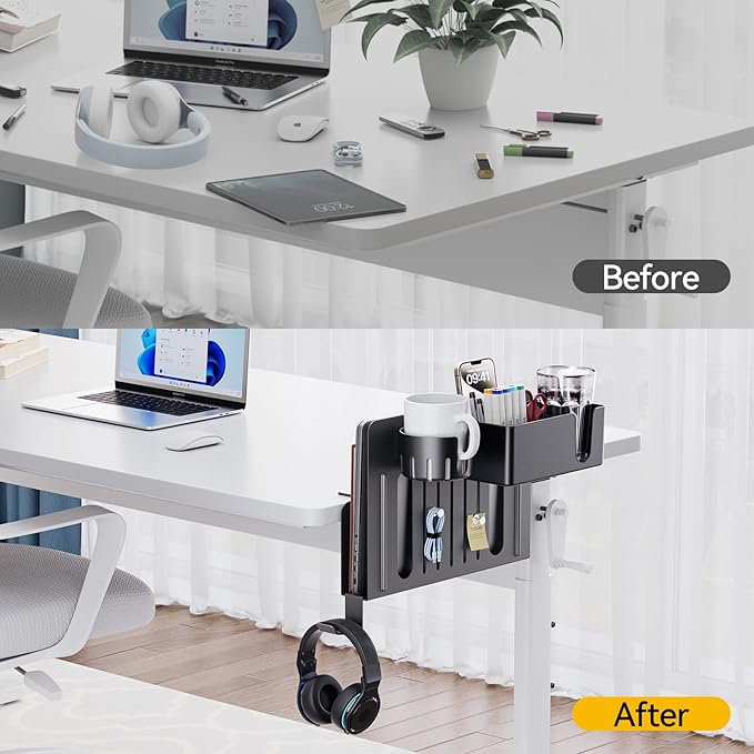 KDD 7 in 1 Desk Side Organizer Set, Under Desk Laptop Holder Storage, No Drill Laptop Stand Mount with 2 Cup Holder, Pen Holder, Headphone Hanger and 2 Pin Magnet, Detachable Hanging Stand