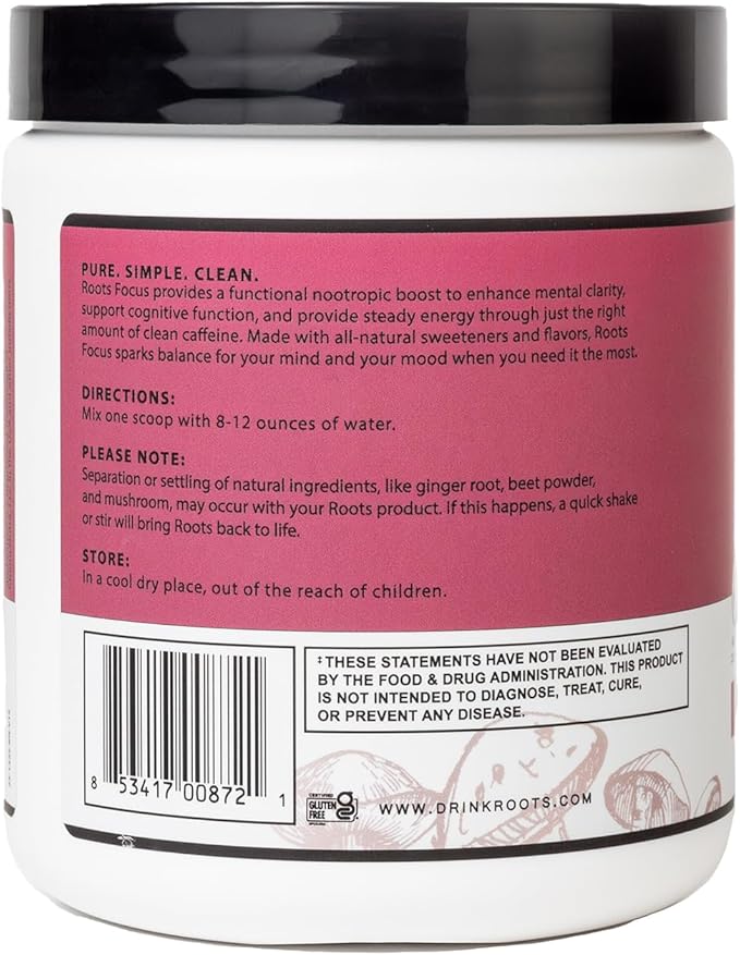Roots Focus Nootropic Brain Supplement - Fruit Punch, Blend of Lion's Mane, Cordyceps, & Reishi Functional Mushrooms + Extended-Release Caffeine, 50 Servings