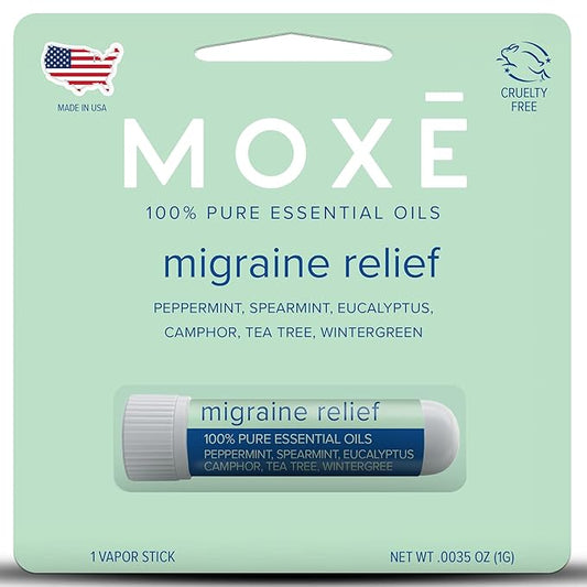 MOXE Migraine Relief Nasal Inhaler, Essential Oils for Headaches & Tension Relief, Portable Aromatherapy, Easy-to-Use, Pure & Undiluted, Peppermint, Spearmint, Eucalyptus, Tea Tree, USA Made, 1 Pack