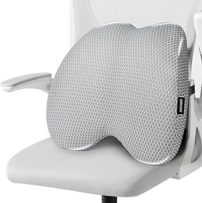 Lumbar Support Pillow Office Chair Car Back Pillow, Ergonomic Lower Back Pain Relief Breathable Air Fiber Cushion for Long Sitting Worker Driver & Handicapped, Adjustable Strap (Light Grey)