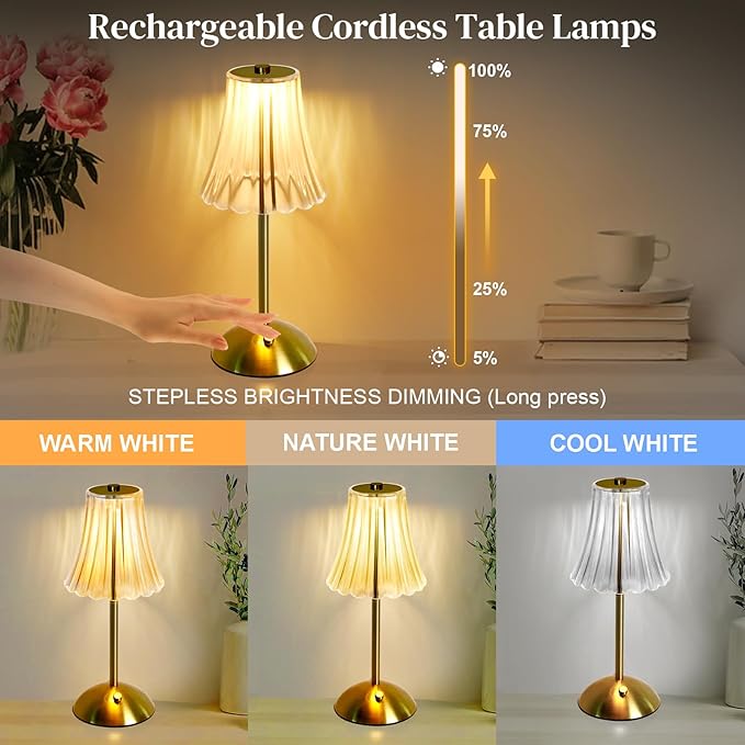 Cordless Table Lamp Rechargeable,LED 3 Colors Light Touch Dimmable Gold Small Lamp Decorative 12" for Nightstand,Bedside,Kitchen,Living Room 2600mAh High Capacity Battery Powered (Acrylic Flower)