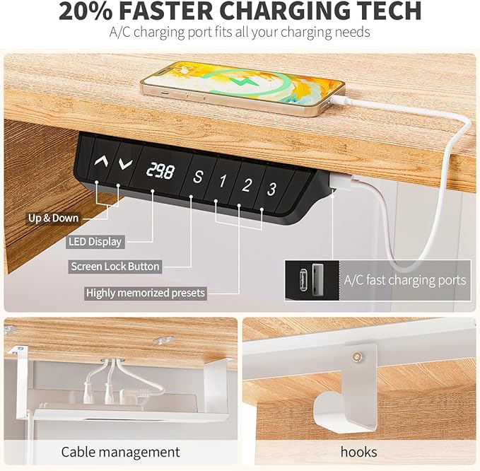 Standing Desk with Fast Charging USB Ports, 63" x 30" Height Adjustable Home Office & Gaming Desk, Sit Stand Desk with Built-in Storage Shelf, Hook & Ergonomic Design(Maple)