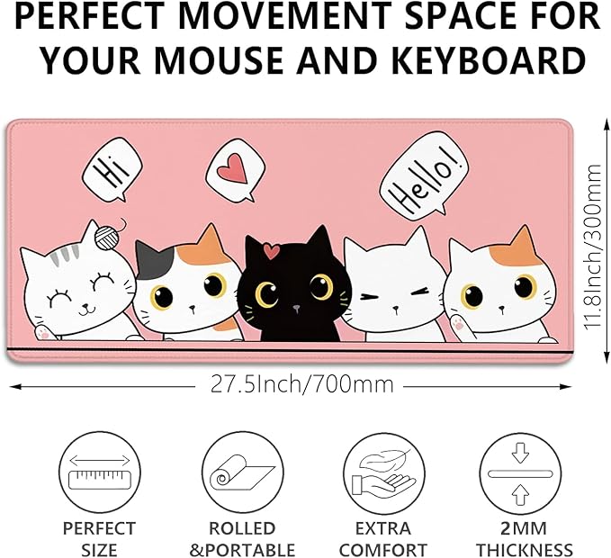 Cute Cats Desk Pad Mouse Pad,Cute Cartoon Lofi Cats Pink Mouse Mat Large,Stitched Edges Non-Slip Waterproof Rubber Base Mouse Mat for Office Home Work Gaming（27.5 x 11.8 in）