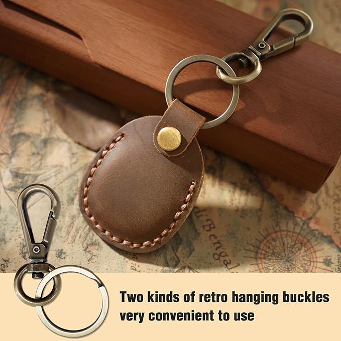 Genuine Leather Airtag Holder, Portable Handcraft Leather Air Tag Keychain with Keyring and Screwdriver, Full Coverage Air Tag Protective Case Cover Accessories - Brown