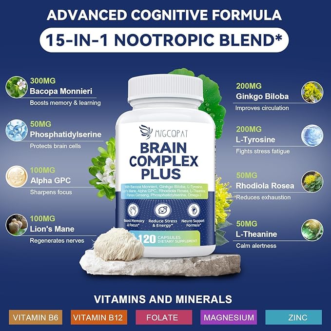 Brain Supplements for Memory and Focus | Nootropic with Bacopa Monnieri, Lion's Mane, Alpha GPC, Ginkgo Biloba | Mental Clarity & Cognitive Support | Vitamin B6 & B12 Neuro Health - Non-GMO, 120 Caps