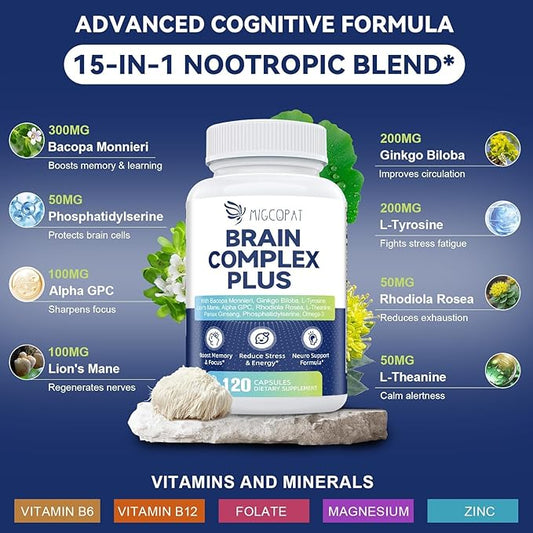 Brain Supplements for Memory and Focus | Nootropic with Bacopa Monnieri, Lion's Mane, Alpha GPC, Ginkgo Biloba | Mental Clarity & Cognitive Support | Vitamin B6 & B12 Neuro Health - Non-GMO, 120 Caps