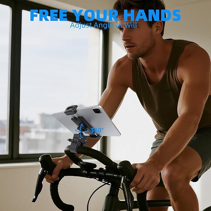 Tablet Holder Clamp Mount, iPad Holder for Treadmill, Spin Bike, Stroller, Indoor Cycling, Stationary Bicycle, Compatible with iPad Pro 12.9 Mini, Galaxy Tabs, Kindle, iPhone(4.7-13”)