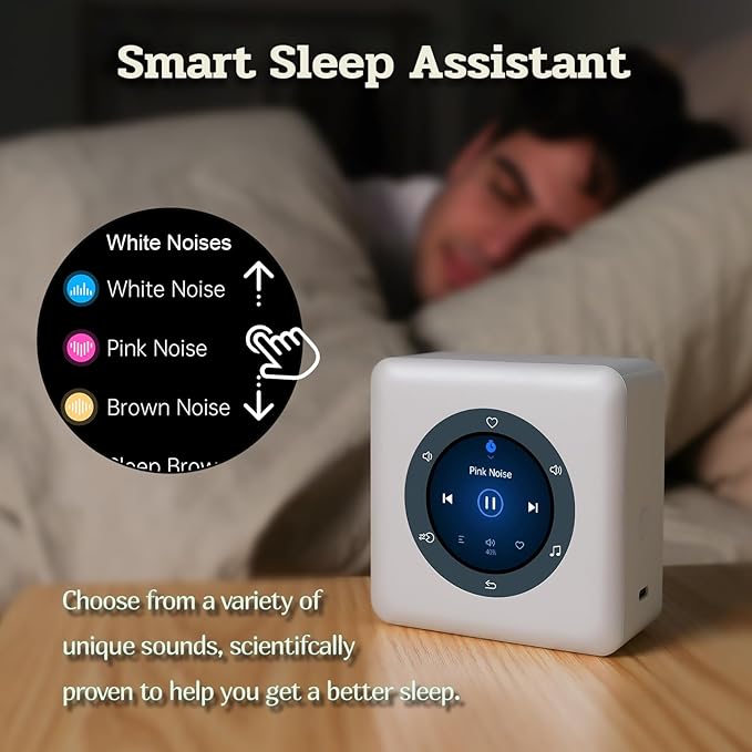 Kipcush Portable White Noise Sound Machine with Intelligent Color LCD Touch Screen, Guided Breathing, Alarm Clock. 24 Soothing Sounds, up to 24 Hours Battery Life & Sleep Music for Adults/Babies
