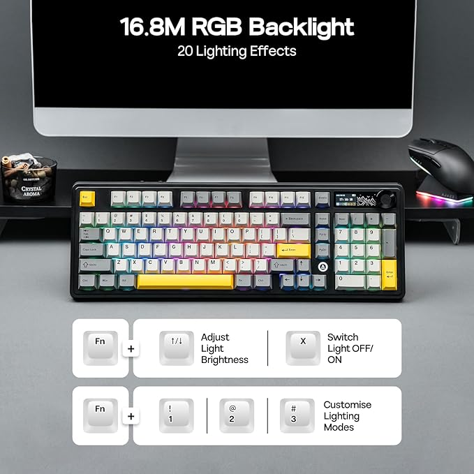 AJAZZ AK980 96% USB-C/BT5.0/2.4GHz Wireless Gaming Keyboard with 1.14’’ TFT Screen, Hot Swappable Creamy Mechanical Keyboard with FR4 Plate, Knob, RGB for Win/Mac (Black, Gift V2 Switch)