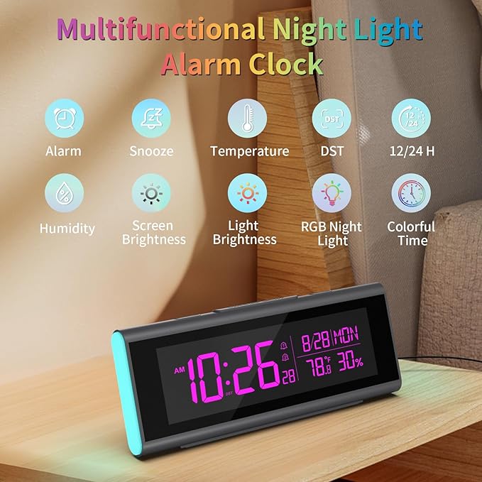 Digital Alarm Clocks for Bedrooms, LED Desk Clock with RGB Night Light, Brightness Dimmer, Date, Week, Temperature Large Display, Modern Decor for Desk, Office, Gift for Kids, Teen, Adults (Black)