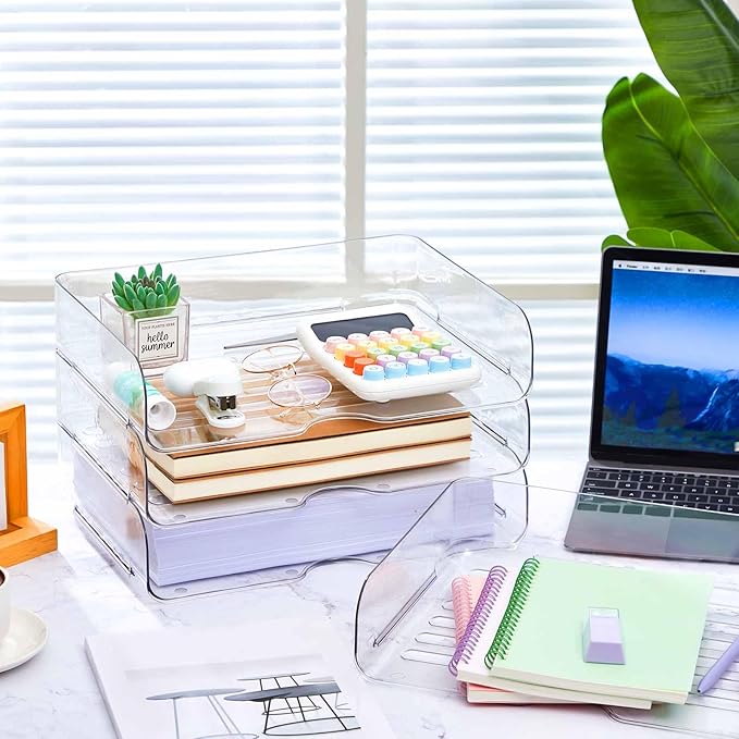 Juexica 4 Pcs Stackable Clear Letter Trays Organizer for Desk A4 Size File Paper Organizer Acrylic Desk Organizer Trays with Anti Skid Bottom for Home Office School (Horizontal Opening Style)