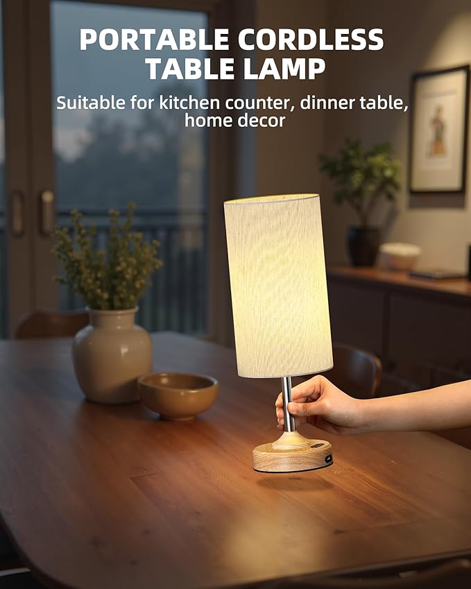 Bedside Table Lamp, Cordless, Dimmable, Touch, Timer, 2700K, Bedroom, Portable, LED, Wireless, Rechargeable, Battery Operated, Desk Lamp, Fabric Shade, Wood-Grain Finish, Living Room, Dining Room