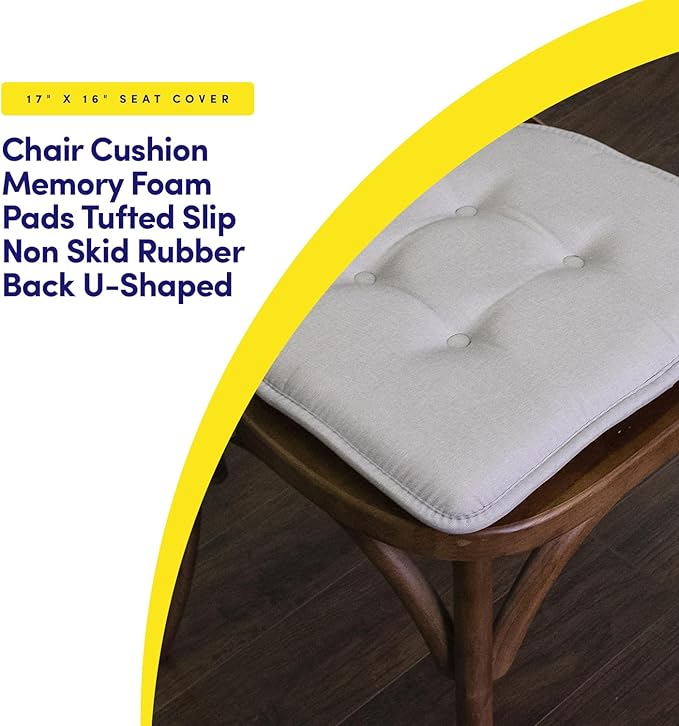 Sweet Home Collection Chair Cushion Memory Foam Pads Tufted Slip Non Skid Rubber Back U-Shaped 17" x 16" Seat Cover, 6 Count (Pack of 1), Light Gray