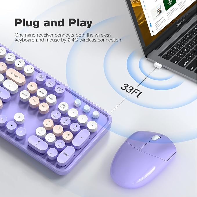 MOFii Wireless Keyboard Mouse Combo, Colorful Typewriter Full-Sized Keyboard and 2.4GHz USB Connected Mouse for Office Computer, Desktop, Laptop, PC, Windows 7/8/10 (Purple)