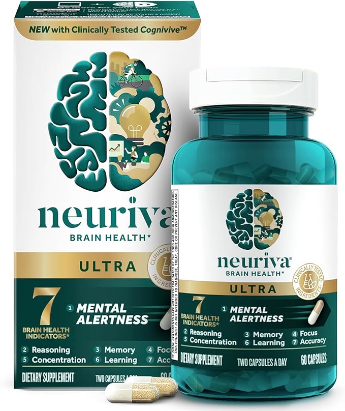 NEURIVA Ultra Decaffeinated Clinically Tested Nootropic Brain Supplement for Mental Alertness, Memory, Focus & Concentration, Cognivive, Neurofactor, Phosphatidylserine, Vitamins B6 B12, 60 Capsules