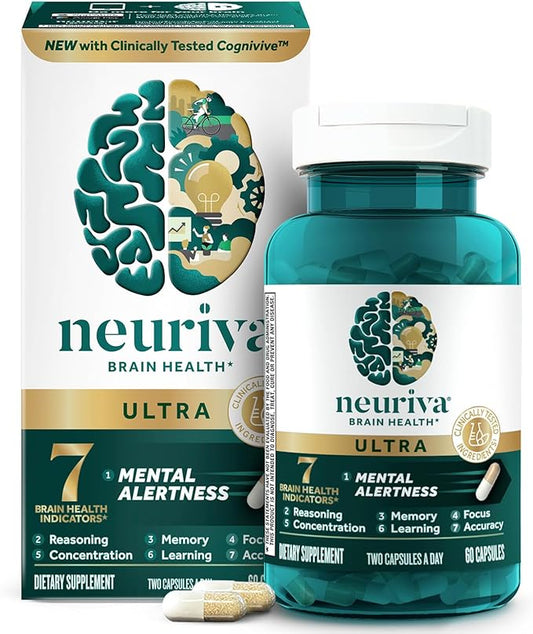 NEURIVA Ultra Decaffeinated Clinically Tested Nootropic Brain Supplement for Mental Alertness, Memory, Focus & Concentration, Cognivive, Neurofactor, Phosphatidylserine, Vitamins B6 B12, 60 Capsules