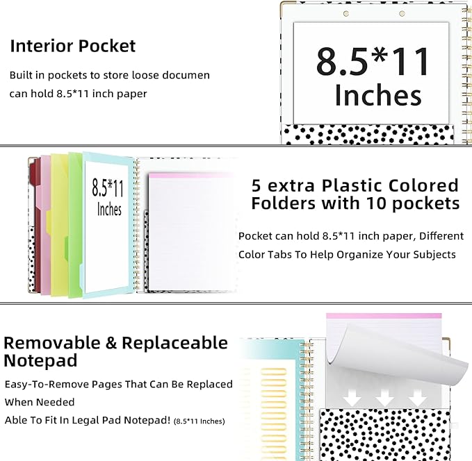 Ospelelf Clipboard with Storage 8.5 X 11，Padfolio Organizer, Spiral Portfolio Letter Size with Notepad, Pen Holder, 5 Extra Folder Divider Pages, Elastic Closure Nurse Office Essentials (Polka Dots)