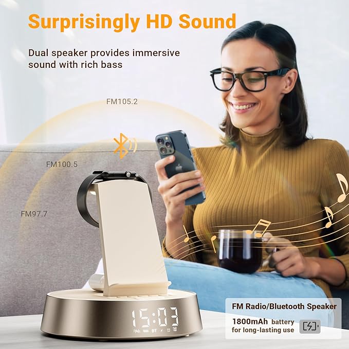 7 in 1 Wireless Charging Station, Alarm Clock for Bedroom with Dimmable Night Light Bluetooth Speaker, Dock Station for iPhone 16 15 14 13 12 11 Pro Max, Apple Watch
