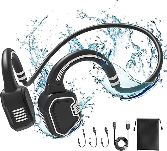 Bone Conduction Headphones Swimming Headphone - IP68 Waterproof Open Ear Headphones with MP3 Play 32G Memory Inductive Wireless Bluetooth Sports Headset for Running Swimming (Grey)