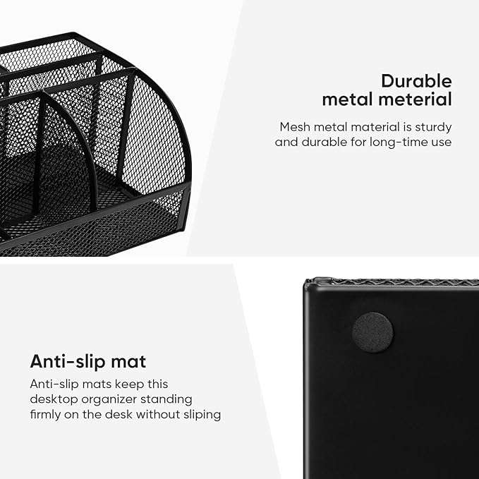 Deli 7-Compartment Black Mesh Desk Organizer with Pen Holder, Office Desktop Organizer, Metal Stationary Caddy