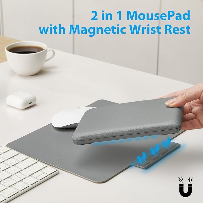 Ergonomic Mouse Pad with Wrist Rest, Leather Comfortable Mousepad, Natural Cork Non-Slip Base Mouse Pads for Desk, Computer, Laptop, Gaming, 11.1 x 9.84 in Home & Office Desk Accessories