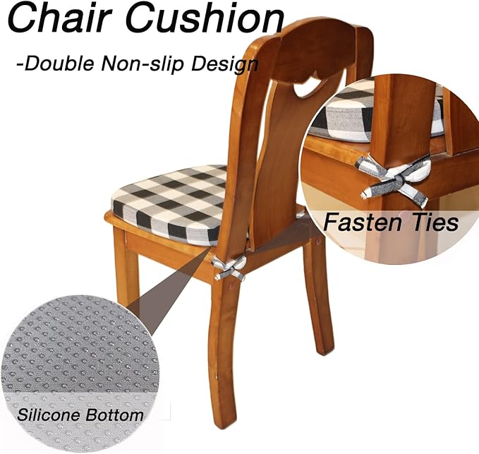 Chair Cushion with Ties for Dining Chair - Memory Foam No Slip Kitchen Chair pad and Dining Room Seat Cushion with Machine Washable Cover [16.5 X 16.2 Inches] - (Black White,4)