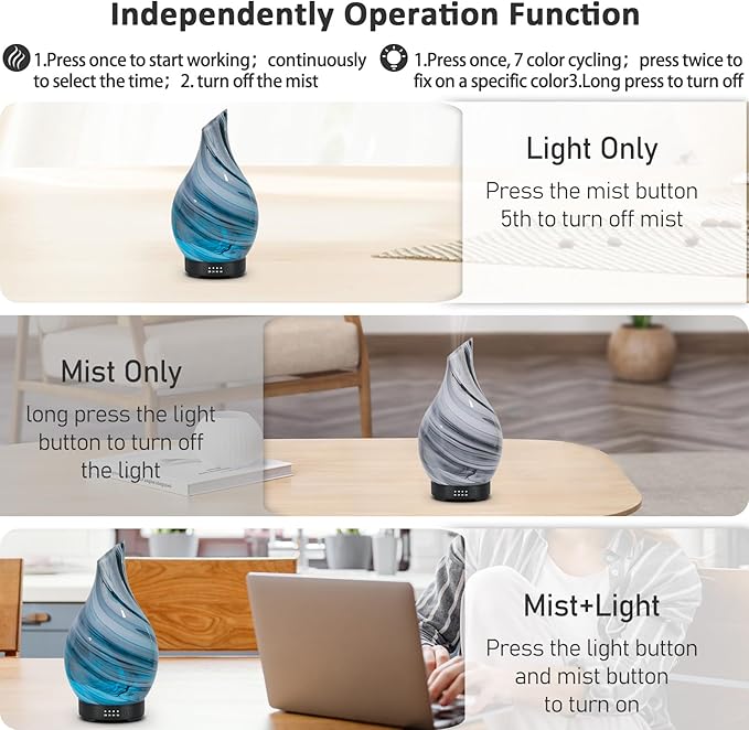 Essential Oil Diffuser Aroma Diffuser- 200 ml Art Glass Ultrasonic Cool Mist Oil Diffuser for Aromatherapy Waterless Auto-Off & 7 Colors Changed LED Light for Home Office Decor & Gift (Grey-200 ml)