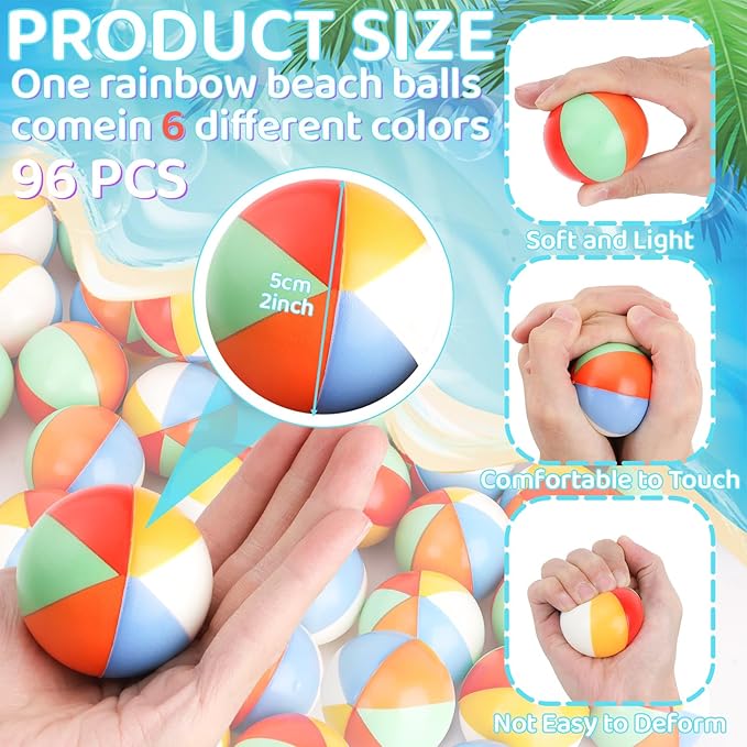 96 Pcs Beach Stress Balls Bulk 2" Mini Relief Stress Ball Pu Foam Squeezy Balls Summer Swimming Pool Game Toy Rainbow Beach Ball for Hawaiian Beach Birthday Party Favor School Carnival Reward