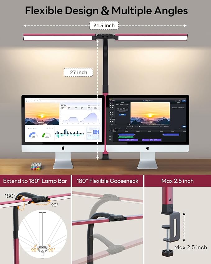 LED Desk Lamp for Home Office, Eye-Caring Desk Light with Clamp, Stepless Dimming 24W Double Head Architect Task Lamp with Remote Control, Flexible Gooseneck for Working Studying Reading Drafting（RED)